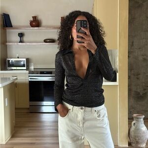 Elegant Y2K Sheer Plunge Neck Collared Long Sleeve Women's Top